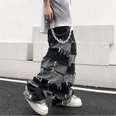 Threebooy Tassel Jeans Men's Patchwork Wide Leg Lazy Style Hip Hop Loose Denim Pants Men Baggy Ripped Distressed Stacked Jeans Y2K Grunge
